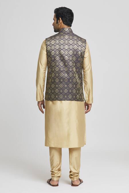 Shop_Arihant Rai Sinha_Blue Brocade, Silk Embroidery Navy Woven Geometric Bundi Kurta Set _at_Aza_Fashions