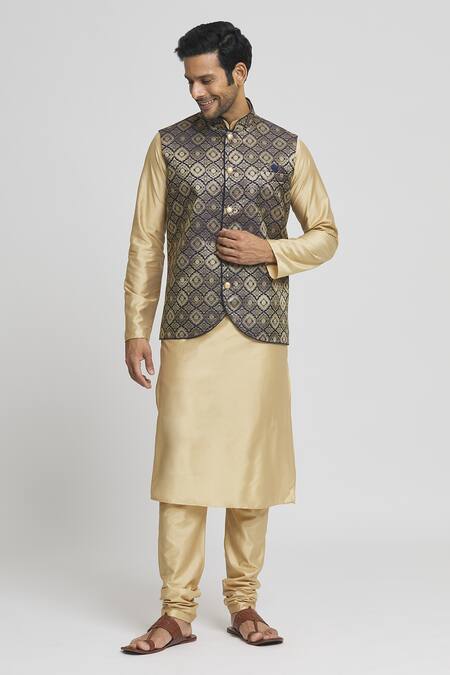 Shop_Arihant Rai Sinha_Blue Brocade, Silk Embroidery Navy Woven Geometric Bundi Kurta Set _Online_at_Aza_Fashions