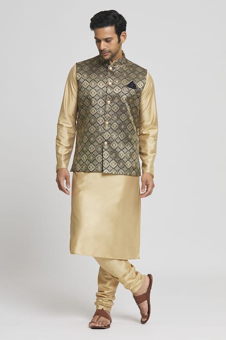 Shop_Arihant Rai Sinha_Black Brocade, Silk Geometric Woven Bundi Kurta Set _Online_at_Aza_Fashions