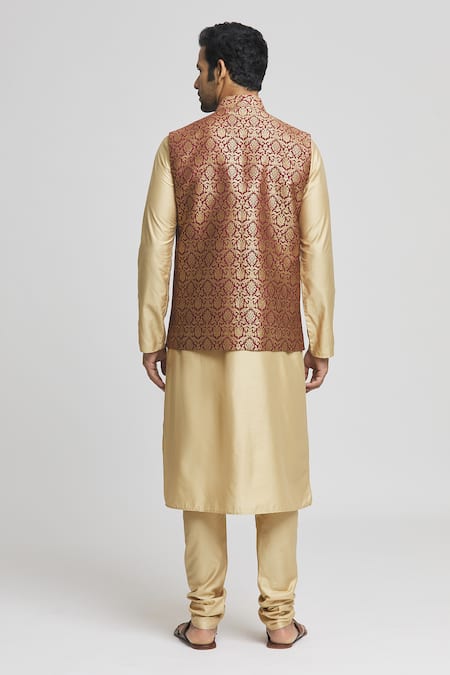Shop_Arihant Rai Sinha_Maroon Brocade, Silk, Polyester Zari Woven Bundi Kurta Set _at_Aza_Fashions