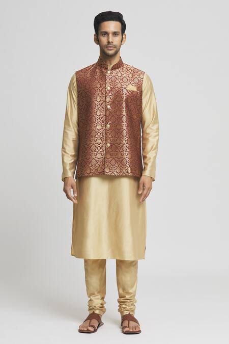 Buy_Arihant Rai Sinha_Maroon Brocade, Silk, Polyester Zari Woven Bundi Kurta Set _Online_at_Aza_Fashions
