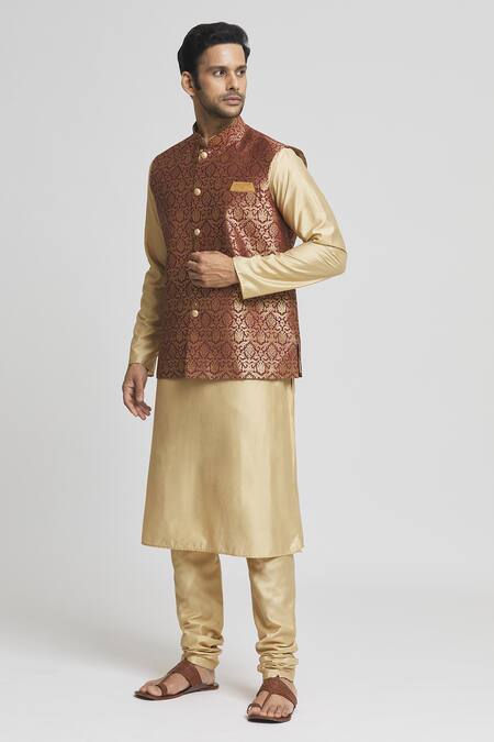 Shop_Arihant Rai Sinha_Maroon Brocade, Silk, Polyester Zari Woven Bundi Kurta Set _Online_at_Aza_Fashions