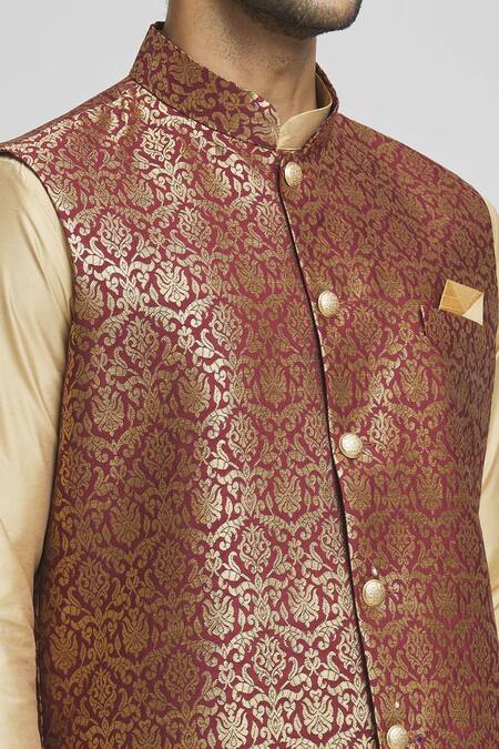 Arihant Rai Sinha_Maroon Brocade, Silk, Polyester Zari Woven Bundi Kurta Set _at_Aza_Fashions