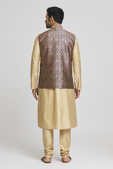 Shop_Arihant Rai Sinha_Gold Silk, Brocade Zari Floral Woven Bundi Kurta Set _at_Aza_Fashions
