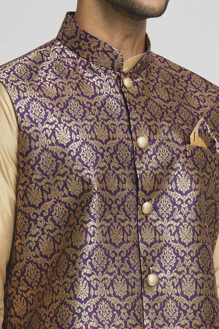 Arihant Rai Sinha_Gold Silk, Brocade Zari Floral Woven Bundi Kurta Set _Online_at_Aza_Fashions