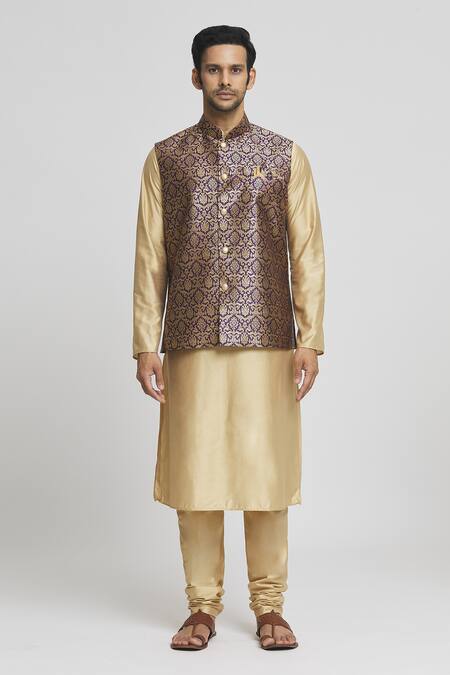 Shop_Arihant Rai Sinha_Gold Silk, Brocade Zari Floral Woven Bundi Kurta Set _Online_at_Aza_Fashions