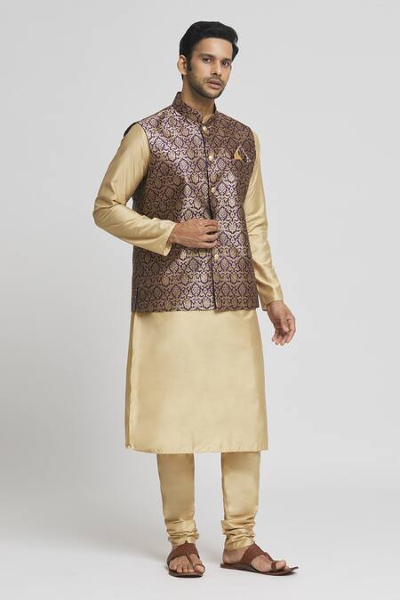 Arihant Rai Sinha_Gold Silk, Brocade Zari Floral Woven Bundi Kurta Set _at_Aza_Fashions