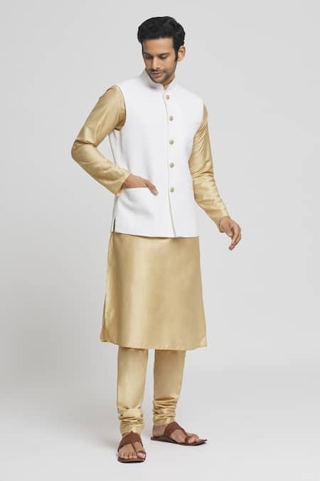 Shop_Arihant Rai Sinha_Off White Bamboo Solid Bundi Kurta Set _Online_at_Aza_Fashions
