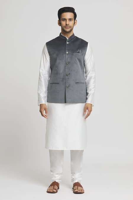 Shop_Arihant Rai Sinha_Gray , Satin Grey Plain Bundi Kurta Set_Online_at_Aza_Fashions