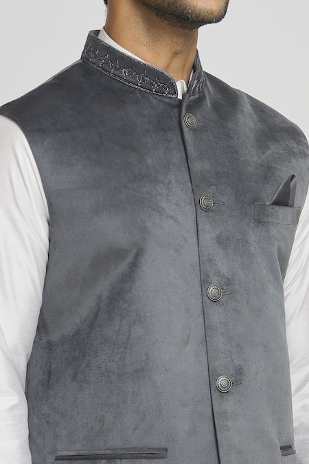 Buy_Arihant Rai Sinha_Gray , Satin Grey Plain Bundi Kurta Set