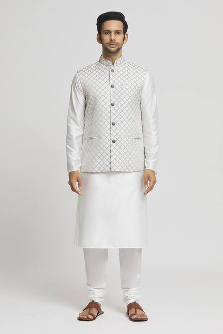 Shop_Arihant Rai Sinha_Gray Brocade, Silk Embroidery Grey Jaal Woven Bundi Kurta Set_Online_at_Aza_Fashions