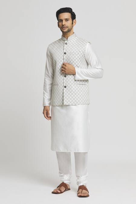 Arihant Rai Sinha_Gray Brocade, Silk Embroidery Grey Jaal Woven Bundi Kurta Set_at_Aza_Fashions
