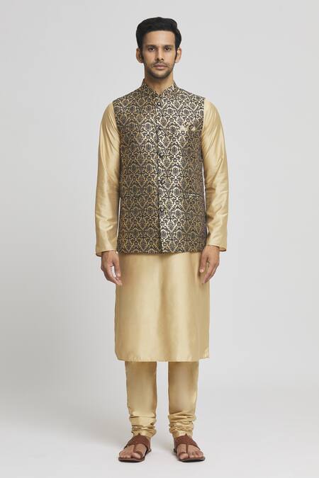 Shop_Arihant Rai Sinha_Black Brocade, Silk Zari Woven Floral Swirl Bundi Kurta Set _Online_at_Aza_Fashions