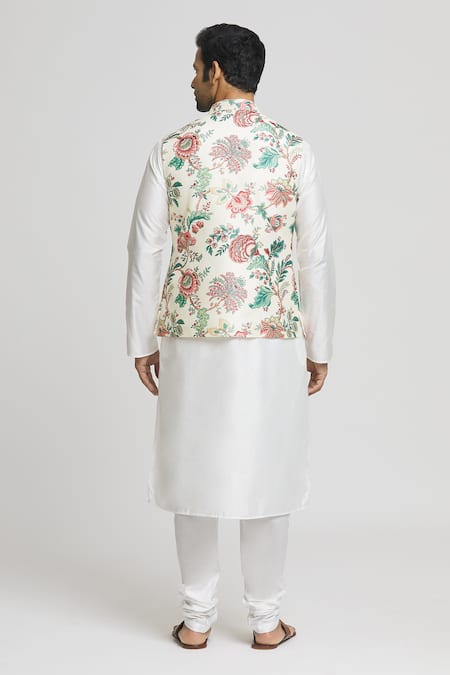 Shop Arihant Rai Sinha Beige Silk Embroidery Floral Jaal Print Bundi Kurta Set at Aza Fashions Shop_Arihant Rai Sinha_Beige Silk Embroidery Floral Jaal Print Bundi Kurta Set _at_Aza_Fashions