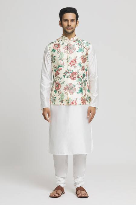Shop Arihant Rai Sinha Beige Silk Embroidery Floral Jaal Print Bundi Kurta Set Online at Aza Fashions Shop_Arihant Rai Sinha_Beige Silk Embroidery Floral Jaal Print Bundi Kurta Set _Online_at_Aza_Fashions