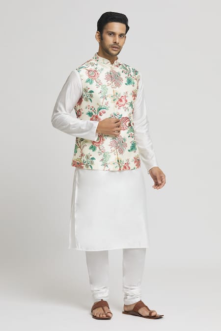 Arihant Rai Sinha Beige Silk Embroidery Floral Jaal Print Bundi Kurta Set at Aza Fashions Arihant Rai Sinha_Beige Silk Embroidery Floral Jaal Print Bundi Kurta Set _at_Aza_Fashions