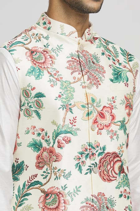 Buy Arihant Rai Sinha Beige Silk Embroidery Floral Jaal Print Bundi Kurta Set Buy_Arihant Rai Sinha_Beige Silk Embroidery Floral Jaal Print Bundi Kurta Set