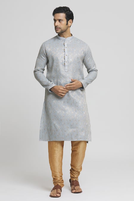 Arihant Rai Sinha Grey Silk Blend Plain Solid Straight Kurta And Churidar Set 