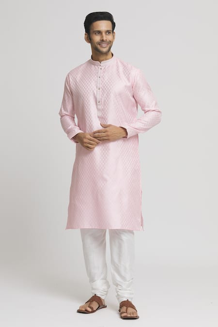 Arihant Rai Sinha Pink Silk Blend Plain Band Collar Straight Kurta And Churidar Set