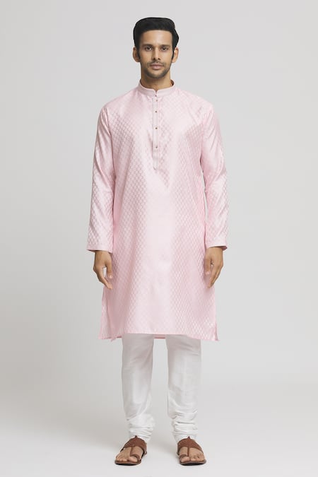 Shop_Arihant Rai Sinha_Pink Silk Embroidery Band Collar Straight Kurta And Churidar Set _Online_at_Aza_Fashions
