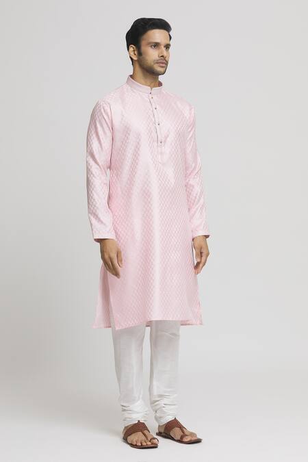 Arihant Rai Sinha_Pink Silk Embroidery Band Collar Straight Kurta And Churidar Set _at_Aza_Fashions