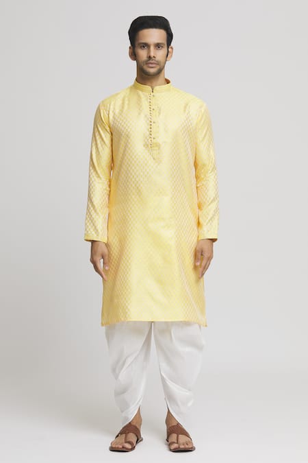 Arihant Rai Sinha_Yellow Silk Floral Geometric Pattern Kurta And Dhoti Pant Set _Online_at_Aza_Fashions