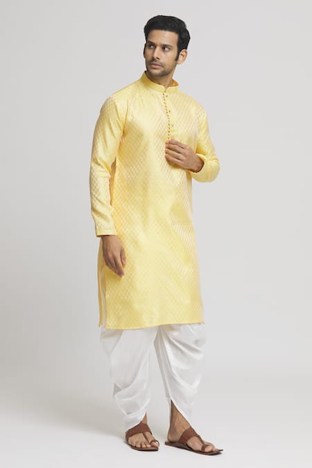 Buy_Arihant Rai Sinha_Yellow Silk Floral Geometric Pattern Kurta And Dhoti Pant Set _Online_at_Aza_Fashions