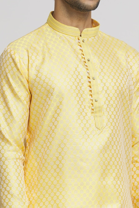 Shop_Arihant Rai Sinha_Yellow Silk Floral Geometric Pattern Kurta And Dhoti Pant Set _Online_at_Aza_Fashions