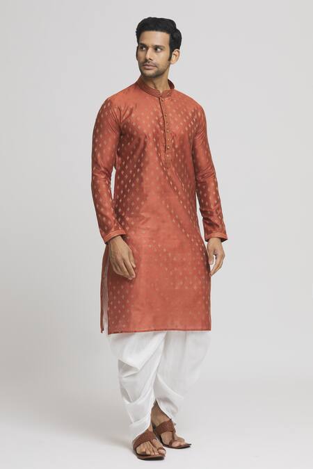 Buy_Arihant Rai Sinha_Orange Silk, Cotton Embroidery Straight Floral Pattern Kurta And Dhoti Pant Set_Online_at_Aza_Fashions