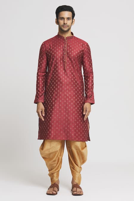 Arihant Rai Sinha_Maroon , Satin Embroidery Band Collar Kurta And Dhoti Pant Set_Online_at_Aza_Fashions