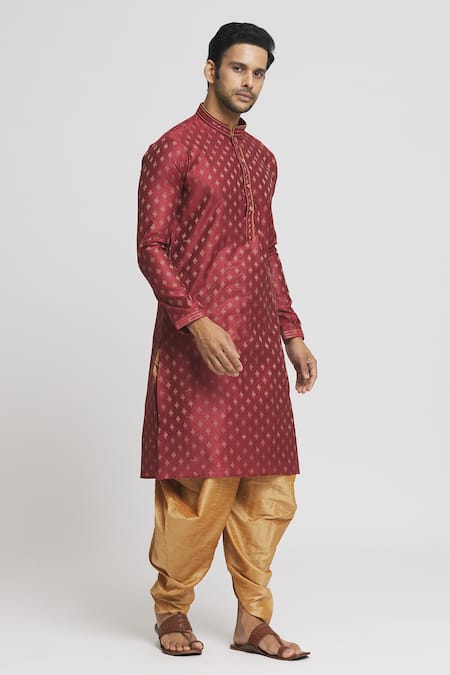 Buy_Arihant Rai Sinha_Maroon , Satin Embroidery Band Collar Kurta And Dhoti Pant Set_Online_at_Aza_Fashions