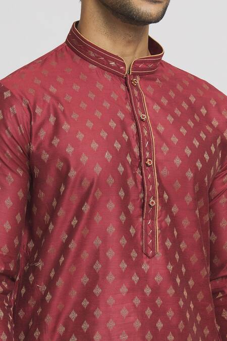 Shop_Arihant Rai Sinha_Maroon , Satin Embroidery Band Collar Kurta And Dhoti Pant Set_Online_at_Aza_Fashions