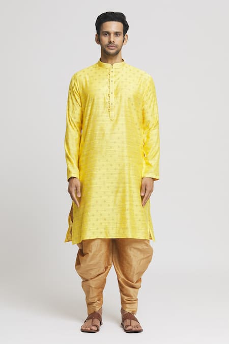 Arihant Rai Sinha_Yellow Silk Embroidery Long Sleeve Band Collar Kurta And Dhoti Pant Set _Online_at_Aza_Fashions