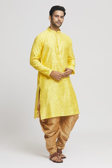 Buy_Arihant Rai Sinha_Yellow Silk Embroidery Long Sleeve Band Collar Kurta And Dhoti Pant Set _Online_at_Aza_Fashions