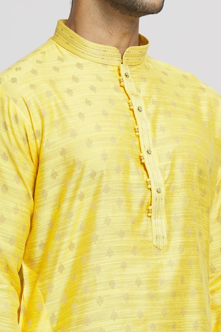 Shop_Arihant Rai Sinha_Yellow Silk Embroidery Long Sleeve Band Collar Kurta And Dhoti Pant Set _Online_at_Aza_Fashions