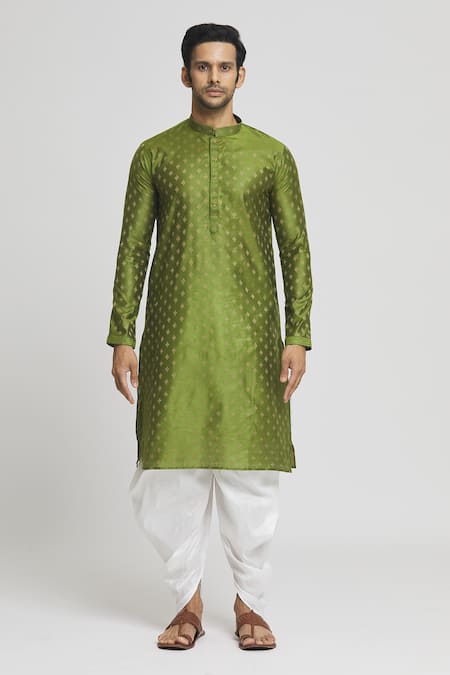 Arihant Rai Sinha_Green Silk, Cotton Embroidery Geometric Butti Straight Kurta And Dhoti Pant Set_Online_at_Aza_Fashions