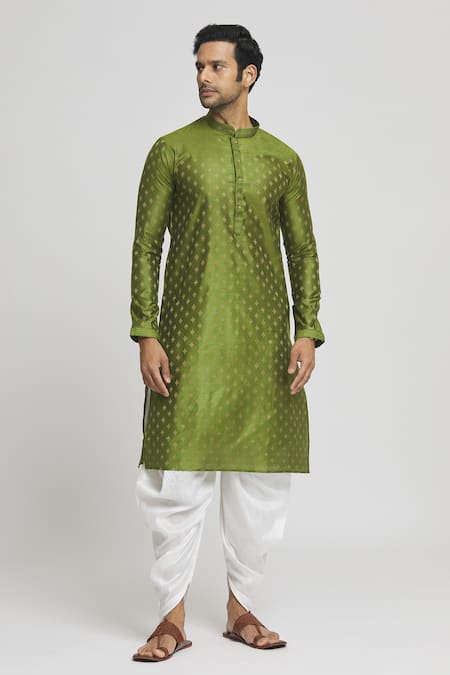 Buy_Arihant Rai Sinha_Green Silk, Cotton Embroidery Geometric Butti Straight Kurta And Dhoti Pant Set_Online_at_Aza_Fashions