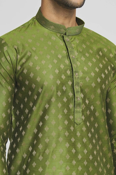 Shop_Arihant Rai Sinha_Green Silk, Cotton Embroidery Geometric Butti Straight Kurta And Dhoti Pant Set_Online_at_Aza_Fashions
