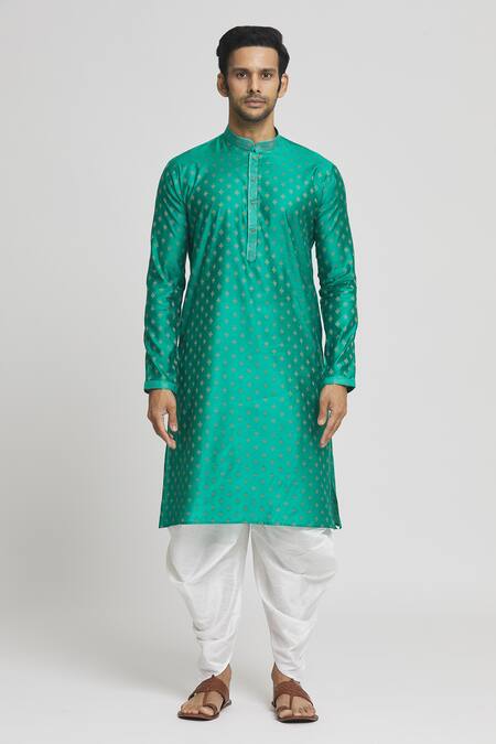 Arihant Rai Sinha_Green Silk, Cotton Embroidery Geometric Butti Kurta And Dhoti Pant Set _Online_at_Aza_Fashions