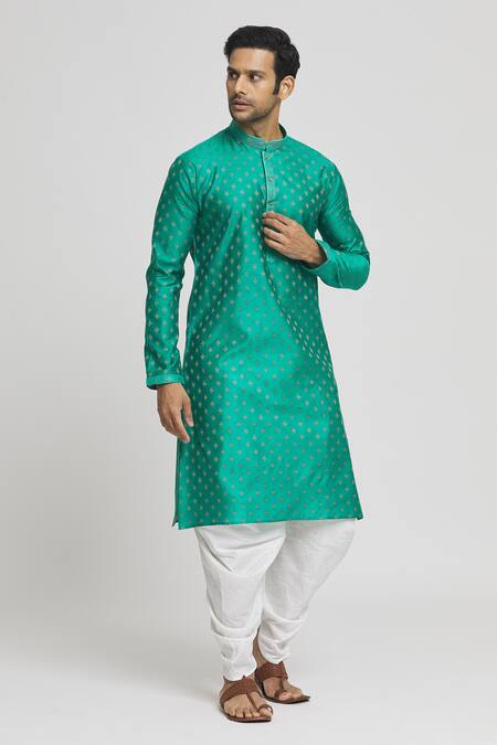 Buy_Arihant Rai Sinha_Green Silk, Cotton Embroidery Geometric Butti Kurta And Dhoti Pant Set _Online_at_Aza_Fashions