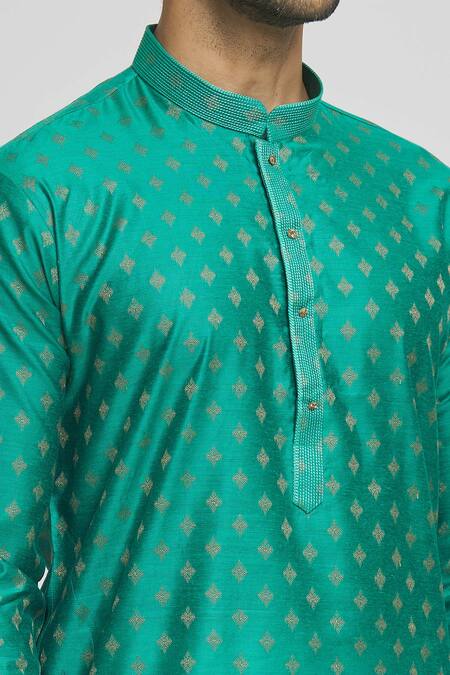 Shop_Arihant Rai Sinha_Green Silk, Cotton Embroidery Geometric Butti Kurta And Dhoti Pant Set _Online_at_Aza_Fashions