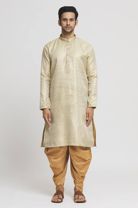 Arihant Rai Sinha_Beige Silk Checkered Geometric Pattern Kurta And Dhoti Pant Set_Online_at_Aza_Fashions