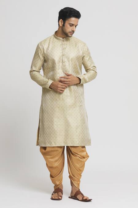 Buy_Arihant Rai Sinha_Beige Silk Checkered Geometric Pattern Kurta And Dhoti Pant Set_Online_at_Aza_Fashions