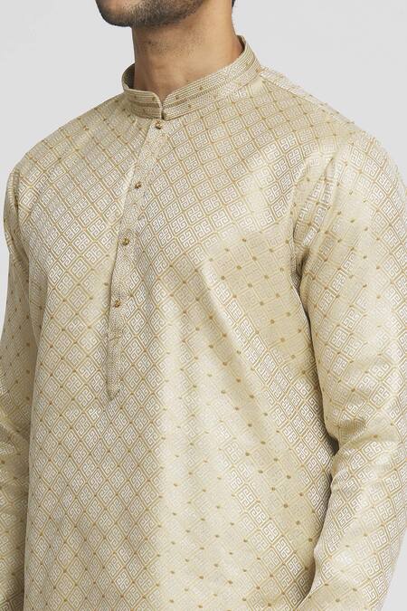 Shop_Arihant Rai Sinha_Beige Silk Checkered Geometric Pattern Kurta And Dhoti Pant Set_Online_at_Aza_Fashions