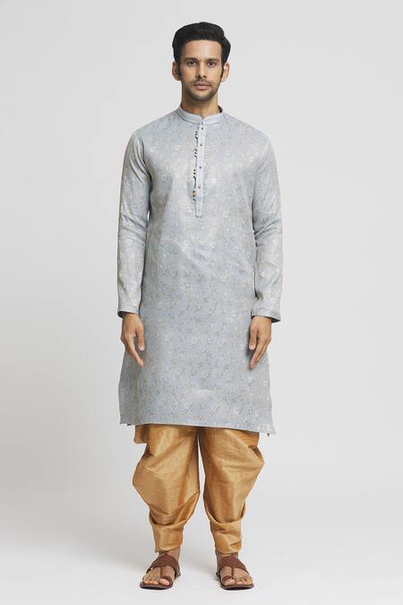Arihant Rai Sinha_Grey Silk Floral Pattern Kurta And Dhoti Pant Set_Online_at_Aza_Fashions