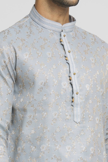 Shop_Arihant Rai Sinha_Grey Silk Floral Pattern Kurta And Dhoti Pant Set_Online_at_Aza_Fashions