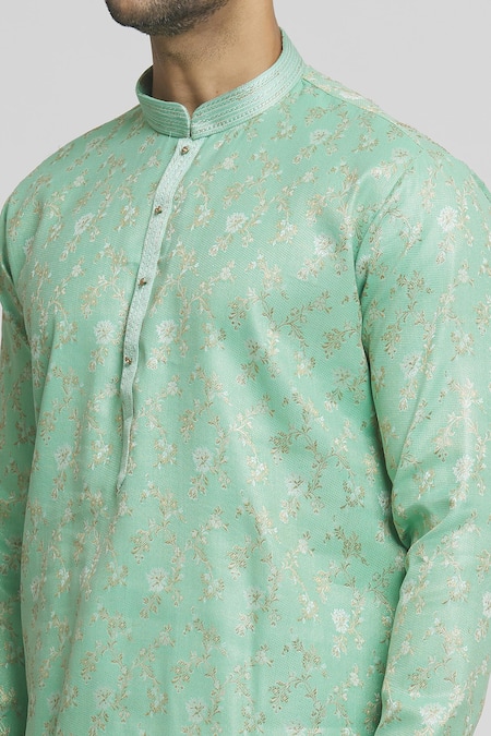 Shop_Arihant Rai Sinha_Green Silk Embroidery Floral Pattern Kurta And Dhoti Pant Set_Online_at_Aza_Fashions
