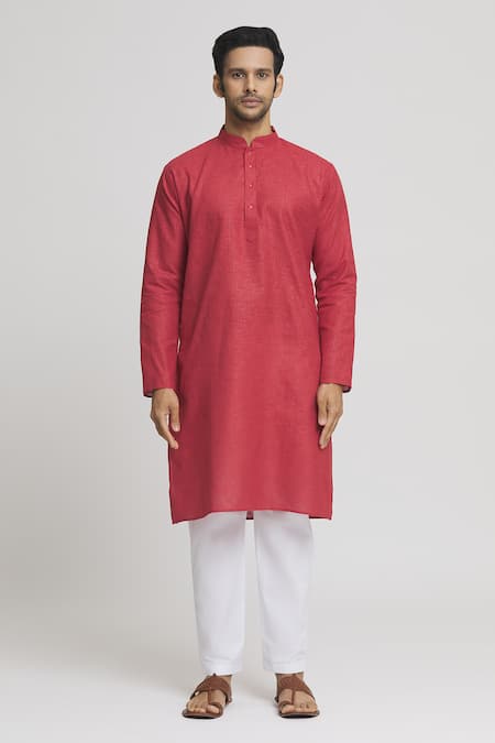 Arihant Rai Sinha_Red Cotton Plain Kurta With Pant_Online_at_Aza_Fashions