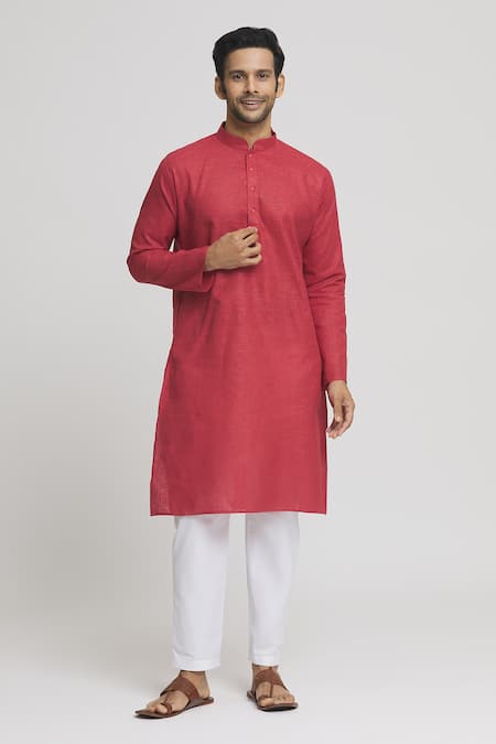 Buy_Arihant Rai Sinha_Red Cotton Plain Kurta With Pant_Online_at_Aza_Fashions