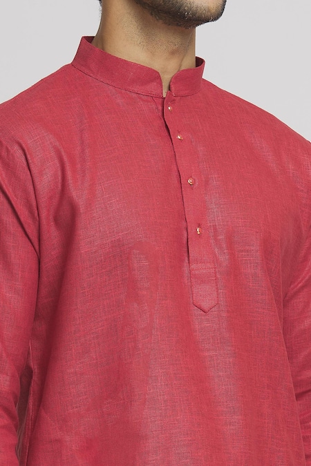 Shop_Arihant Rai Sinha_Red Cotton Plain Kurta With Pant_Online_at_Aza_Fashions
